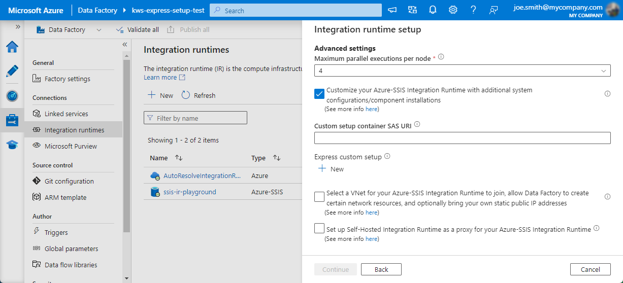 Create a new SSIS IR Instance - Advanced Settings